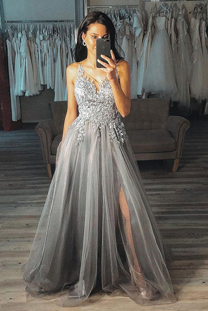 V Neck Gray Lace Long Prom Dresses ...